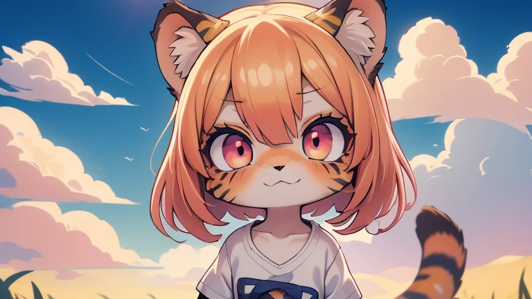 (obra maestra, Alta calidad, mejor calidad, 8K, high resolution), ((estilo chibii, Chibi lindo)), (solo, 1 girl), {Tiger Girl, cara de tigre, 2 colmillos, long eyelashes, delineador de ojos} {bigotes de tigre}, (((Piel de tigre por todo el cuerpo., Rayas de tigre en el cuerpo.))), (pelo naranja), cabello corto, Pinza para el cabello, [[Pinza para el cabello white flower on hair]], ((Muy feliz)), ((boca abierta)), ojos naranjas, [pupilas negras], ((buscando)), (very small breasts), brazos delgados, (un brazo arriba, un brazo hacia abajo), axilas, ((mini camiseta rosa, camiseta rosa completa)), {shorts blancos}, {{{mini cola de tigre, Cola en la espalda}}}, (cuerpo completo), (((de pie, jump angle))), dynamic pose, Fondo blanco, fondo sencillo, ((((Estilo Tora-chan no Hanayome)))), (old anime style 40s), estilo animado, anime color.