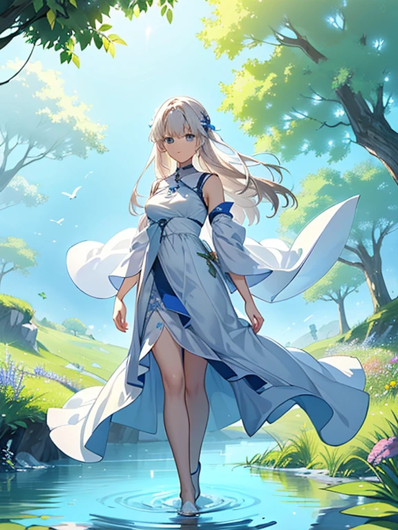 A serene artwork of a calming female character in a peaceful, natural setting. The full-body view presents her in flowing white and blue clothes that evoke a sense of tranquility and peace. Her brown hair and green eyes are soothing to behold. She carries a healing staff, symbolizing her gentle and nurturing nature.

The setting is a lush meadow under a clear blue sky, with a gentle breeze rustling the tall grass and wildflowers. A calm, sparkling lake reflects the purity of the scene, and birds sing softly in the background, enhancing the serene and calming atmosphere.
