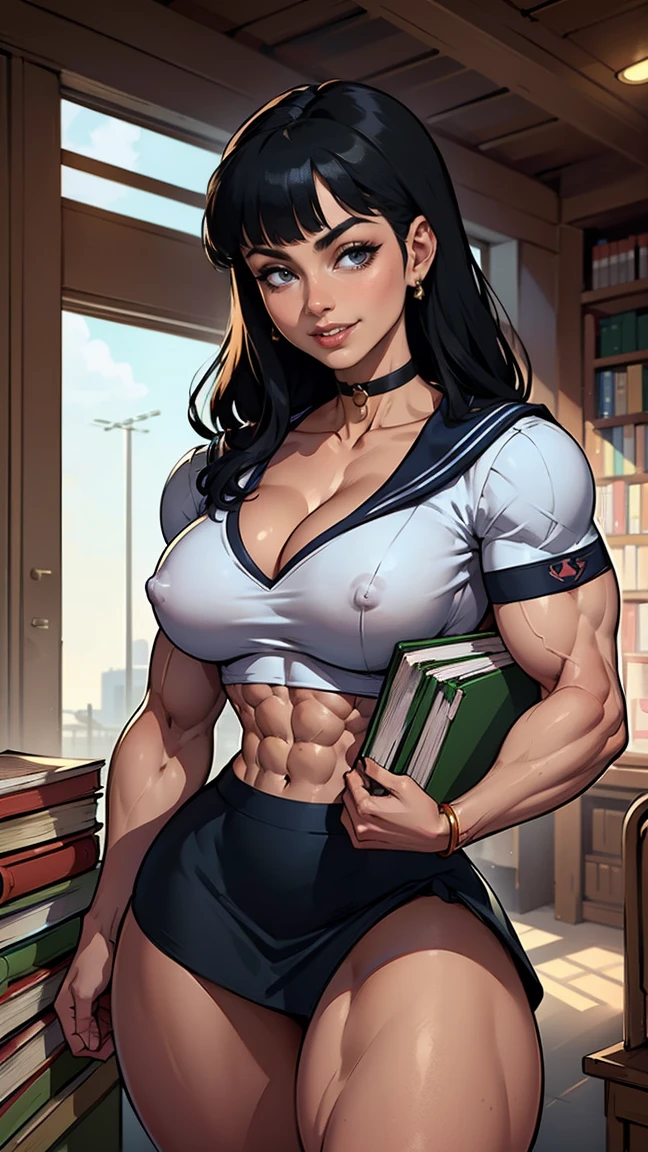 (Muscular:2), (thick thighs:2), (asian female:1.5), adult, (blunt bangs, long black hair:1.5), (glasses), earrings, eyeshadow, lipstick, (upper body view:1.4), (striations), (hard nipples), (small perky breasts:1.4), wearing a watch, wearing a bracelet, (choker, school top, sailor uniform, midriff, rolled up sleeves, cleavage, flared skirt:1.8), (sculped muscles:1.6), detailed eyes, (athletic body:1.5), (muscular body:2), (looking at viewer), (big smile:1.5), office, rim lighting, two tone lighting, dimly lit, clean skin, low key (DETAILED SKIN), (three quarter view:1.2), (carrying books:1.3), turned toward light source