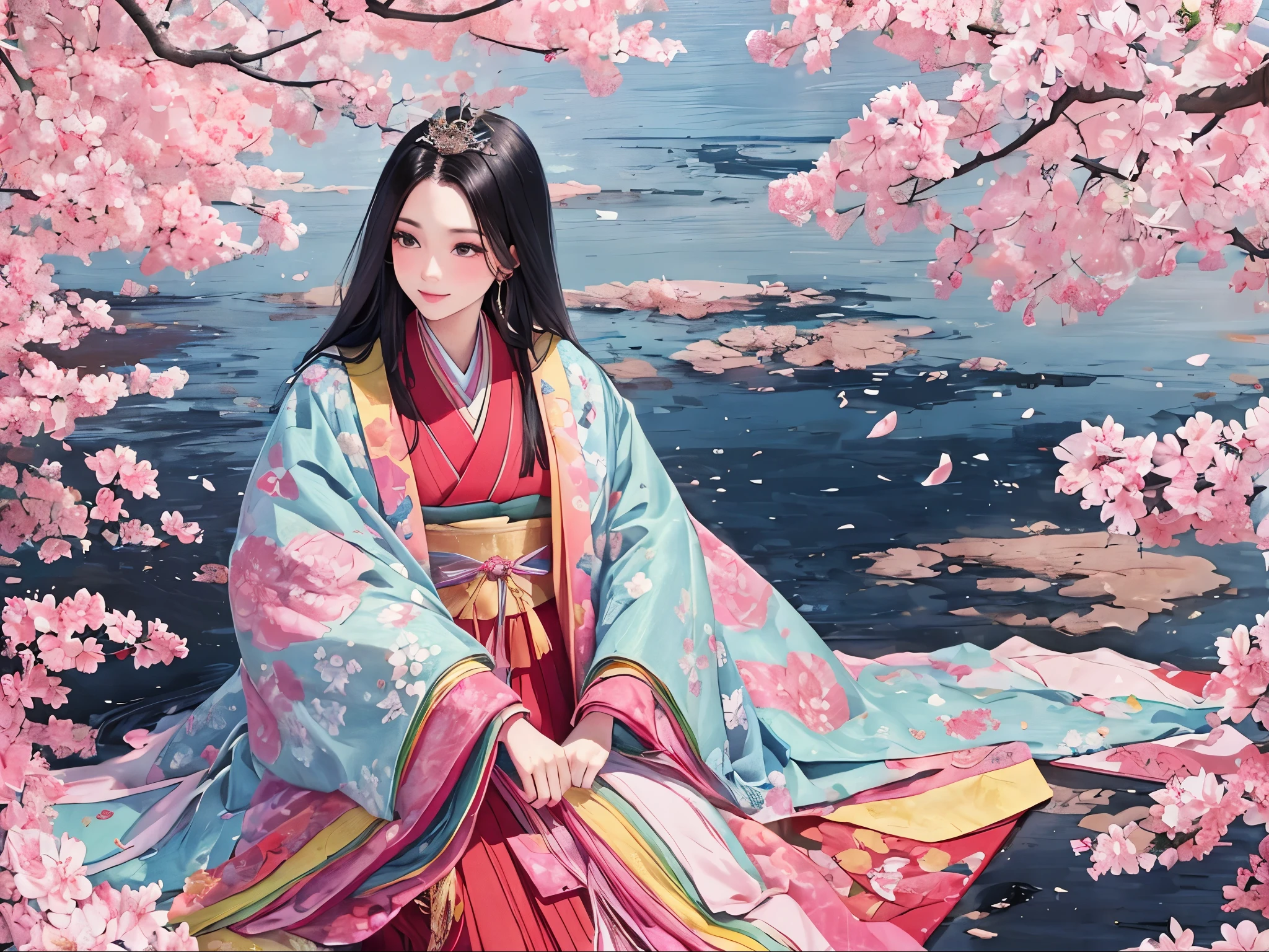 Twelve-layered kimono，(masterpiece, highest quality, highest quality，aesthetics:1.2)，From the side，Esbian all over，1300 years ago，Japan_Heian period，noble，１Beautiful Princess，Skin Texture，(Straight Hair　Long beautiful black hair　wealthy)，warm，de luz，Beautiful super detailed big round eyes，Beautiful ultra-detailed lips，A little smile，Beautiful ultra-detailed fingertips，(Twelve-layered kimono　Gentle pink hue　The beauty of layered colors)，The softness of silk，Layered collar，Wide sleeves，Long hakama hem，dream-like，Elegant，Blur，Pink Coat