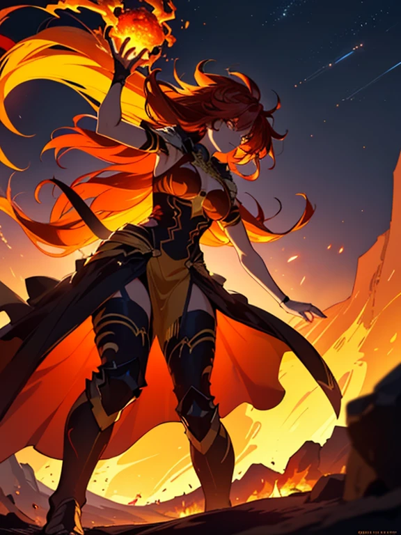 A striking artwork of a fiery and majestic female character amidst a dramatic, fiery backdrop. The full-body view highlights her vibrant gold and red clothes that reflect her fiery nature. Her gradient long hair, transitioning from black to orange to red, flows like flames around her fierce face. Her yellow eyes gleam with determination and courage. She brandishes a flame whip, crackling with fiery energy, enhancing her formidable presence.

The setting is a volcanic landscape with molten lava flows and burning embers lighting up the night. The sky is ablaze with the colors of a setting sun, and the ground is scorched and cracked, giving the scene an intense and dramatic atmosphere that mirrors the character’s fiery spirit.
