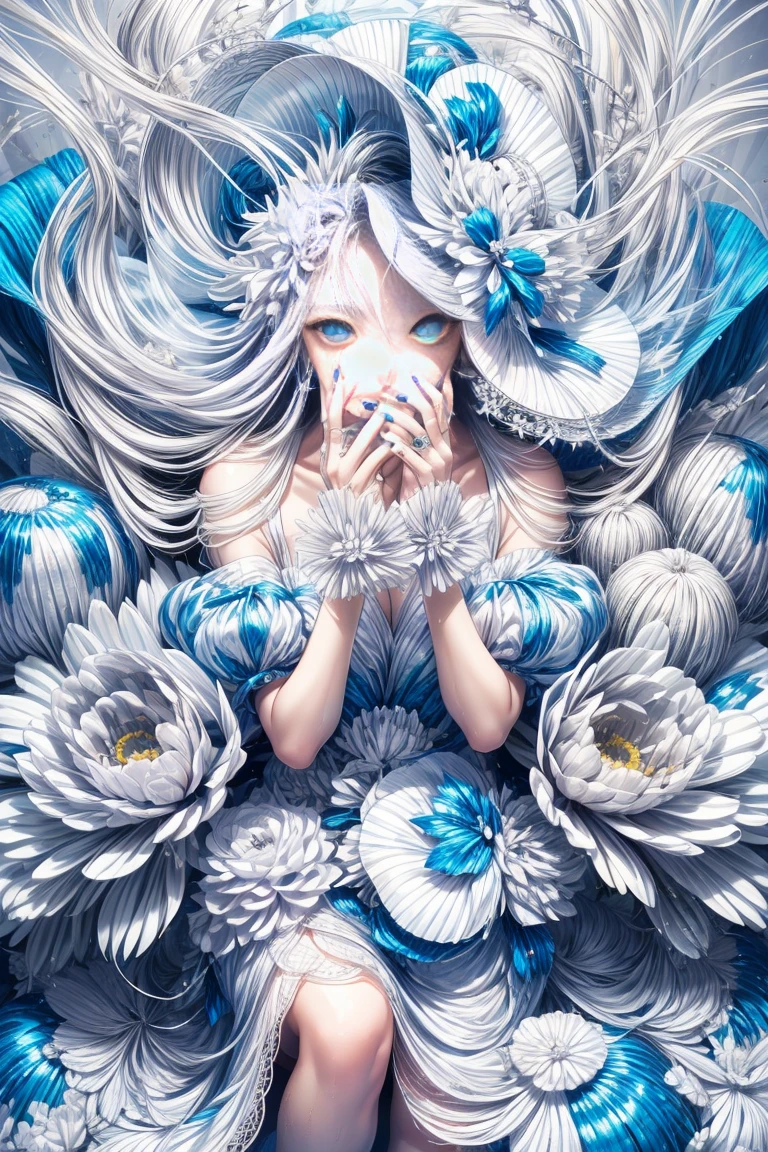 1girl, blue eyes, solo, long hair, dress, looking at viewer, white hair, flower, white camellia, jewelry, floating hair, nail polish, ring, hat, hair ornament, bare shoulders, white nails, white dress, blue ribbons, bangs, hair between eyes, hands on own face,White hell,