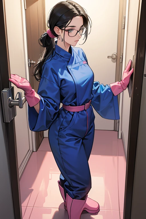 A mature woman with glasses and black hair tied up in a blue long-sleeved jumpsuit and white rubber boots is trying to put on a pair of oversized pink rubber gloves in front of the cleaning supplies cupboard in the bathroom