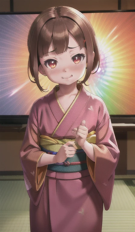 a beautiful young  wearing a colorful yukata, kimono, and  with brown hair in , blushing tongue sticking out and with brown and red eyes, ultra-detailed, best quality, masterpiece, highres, realistic, photorealistic, 8k, HDR, physically-based rendering, vivid colors, studio dark