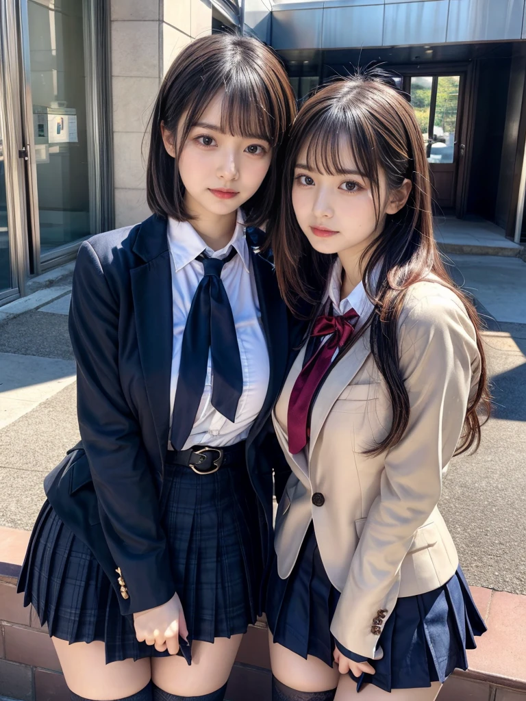 (8K, Raw photography, top-quality, masterpiece:1.2), master piece, best quality, illustration, Super detailed, fine details, High resolution, 8K,wall paper, perfect dynamic composition,(Details High quality, realistic depiction of eyes:1.3), ((2 girls, 2 schoolgirls)), The background is a luxury hotel room、High school girl uniform、blazer 、Super Short Check Uniform Skirt、Navy blue high socks、garterbelts、Colossal tits、Disturbed uniform, Play with each other,Touching each other's bodies,Touching the body of the girl next door, short bob hair, black hair color, huge breasts, Big Natural Color Lip, bold sexy pose, (perfect body shape), crying a little、cold gaze, Beautiful makeup,glitter makeup,Cutest 18 years old, beautiful legs, hposing Gravure Idol, Voluptuous thighs