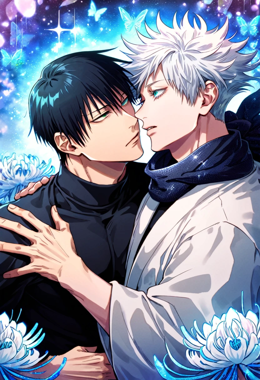 absurdres, highres, ultra detailed, HDR) master piece, best quality, Fushiguro Touji, black hair, expressive green eyes, Jujutsu Kaisen, Gojo Satoru, white hair, with bangs, expressive blue eyes, white eyelashes, two men together, gay couple, yaoi, handsome, black scarf, white haori, black tight shirt, magical fantasy, blue butterflies, glittering, sparkling, blue spider lilies, petals, radiant, blue gemstone background