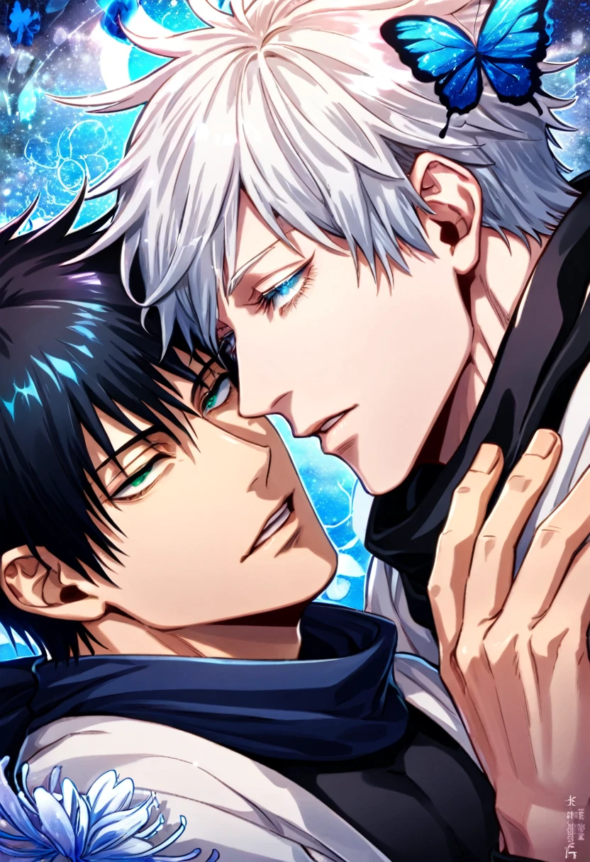 absurdres, highres, ultra detailed, HDR) master piece, best quality, Fushiguro Touji, black hair, expressive green eyes, Jujutsu Kaisen, Gojo Satoru, white hair, with bangs, expressive blue eyes, white eyelashes, two men together, gay couple, yaoi, handsome, black scarf, white haori, black tight shirt, magical fantasy, blue butterflies, glittering, sparkling, blue spider lilies, petals, radiant, blue gemstone background