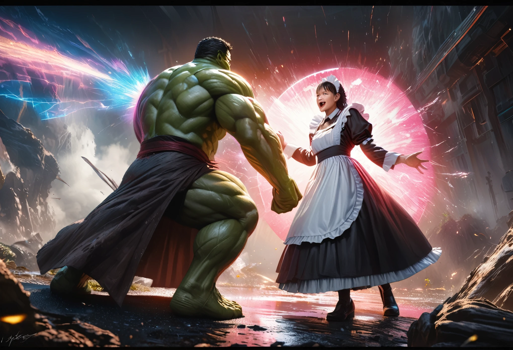 a confused hulk in a maid outfit,doctor strange laughing,magic barrier,photorealistic,digital painting,highly detailed,cinematic lighting,vibrant colors,dramatic atmosphere,hyperrealistic textures,masterpiece,ultra-detailed