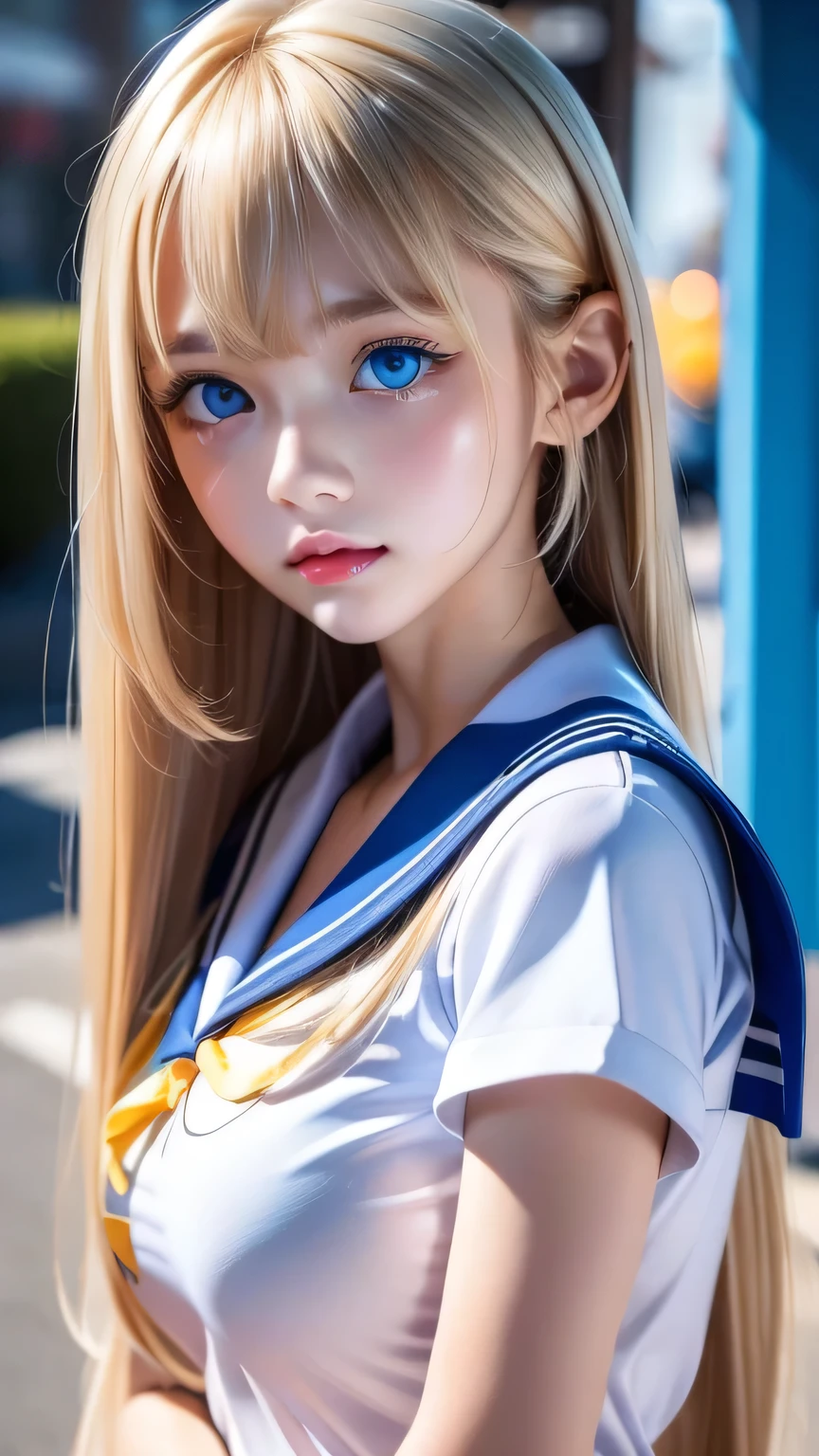 Portrait、(School uniform)、Sailor suit、Bright expression、bangs over eyes、Hair on the face、Younger, brighter, whiter skin、Best Looks、Blonde reflection、Natural platinum blonde hair with dazzling highlights、Super long straight silky hair、Shiny bright hair,、Super long, silky straight hair、Shiny beautiful bangs、Sparkling, clear, attractive, big bright blue eyes、A very beautiful, lovely and cute 16 year old girl.、Big and ample breasts、With slits、((The whole body is visible))、Cheek gloss highlighter、Small Face Girl、Round face