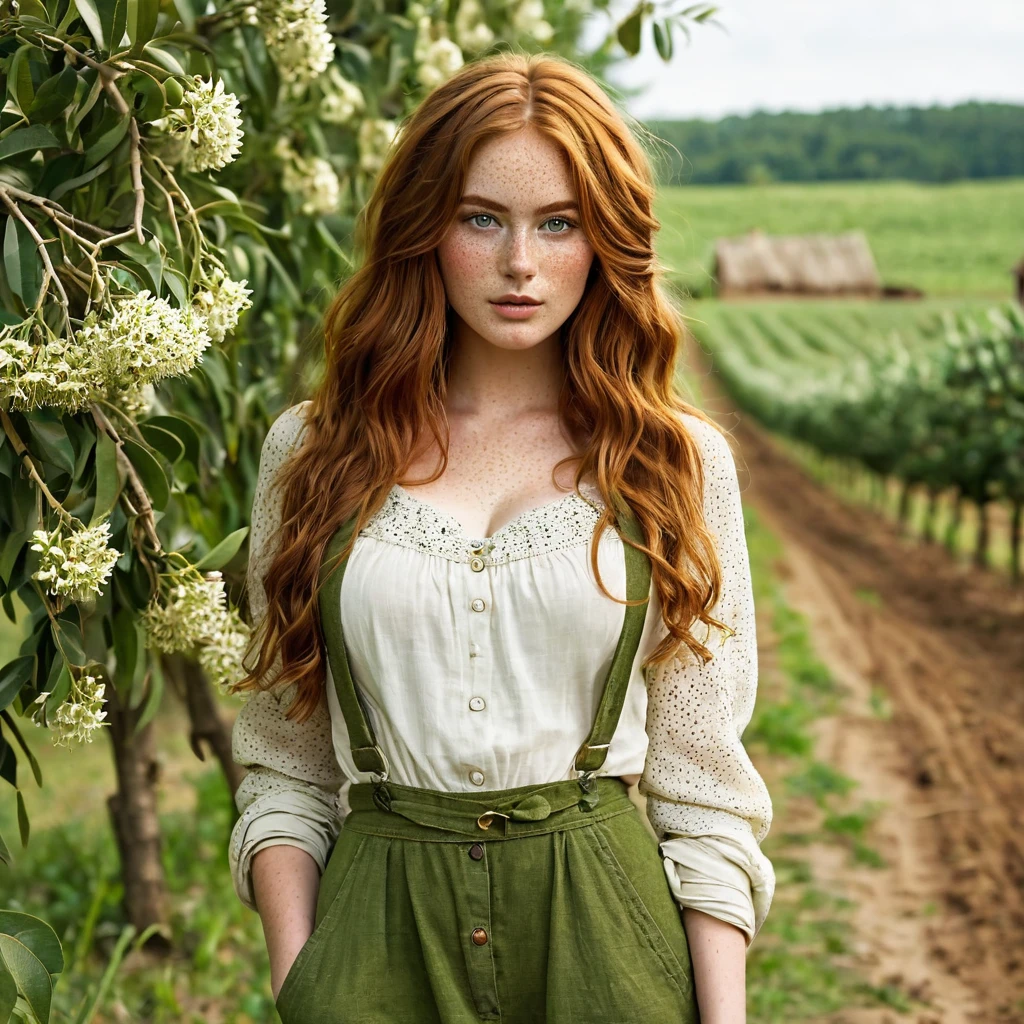 Luma is a depraved person, she is beautiful And have a strong posture, she has breasts that have a voluminous proportion, a pear feminine silhouette, Auburn hair, long Auburn hair, She has expressive eyes, ( Only eyes olive green) Her skin is fair and she has some light freckles on her cheek bones, busty, Farm, Brown rustic clothes, boho clothes, farm boho fashion clothes, romantic vibes, fire lights, fire sparkles, flowers clothes the hair to be half straight and half with curled ends cartoon