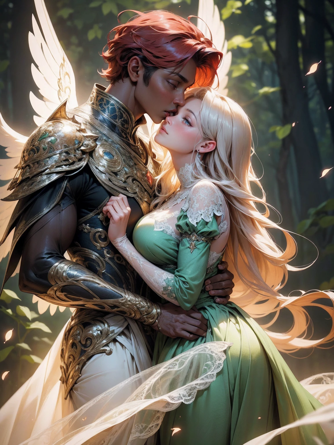 8k, portrait, 1 man, perfect looking, pleasurable body, soft body, slim waist, hips, pink, topless, small silver necklace with red diamond pendant, leg-length wavy hairstyle, bright golden blonde hair, big purple eyes, clear butterfly wings, fairy tail, fantasy genre, background detail, dense forest, moonlight, light of fireflies,