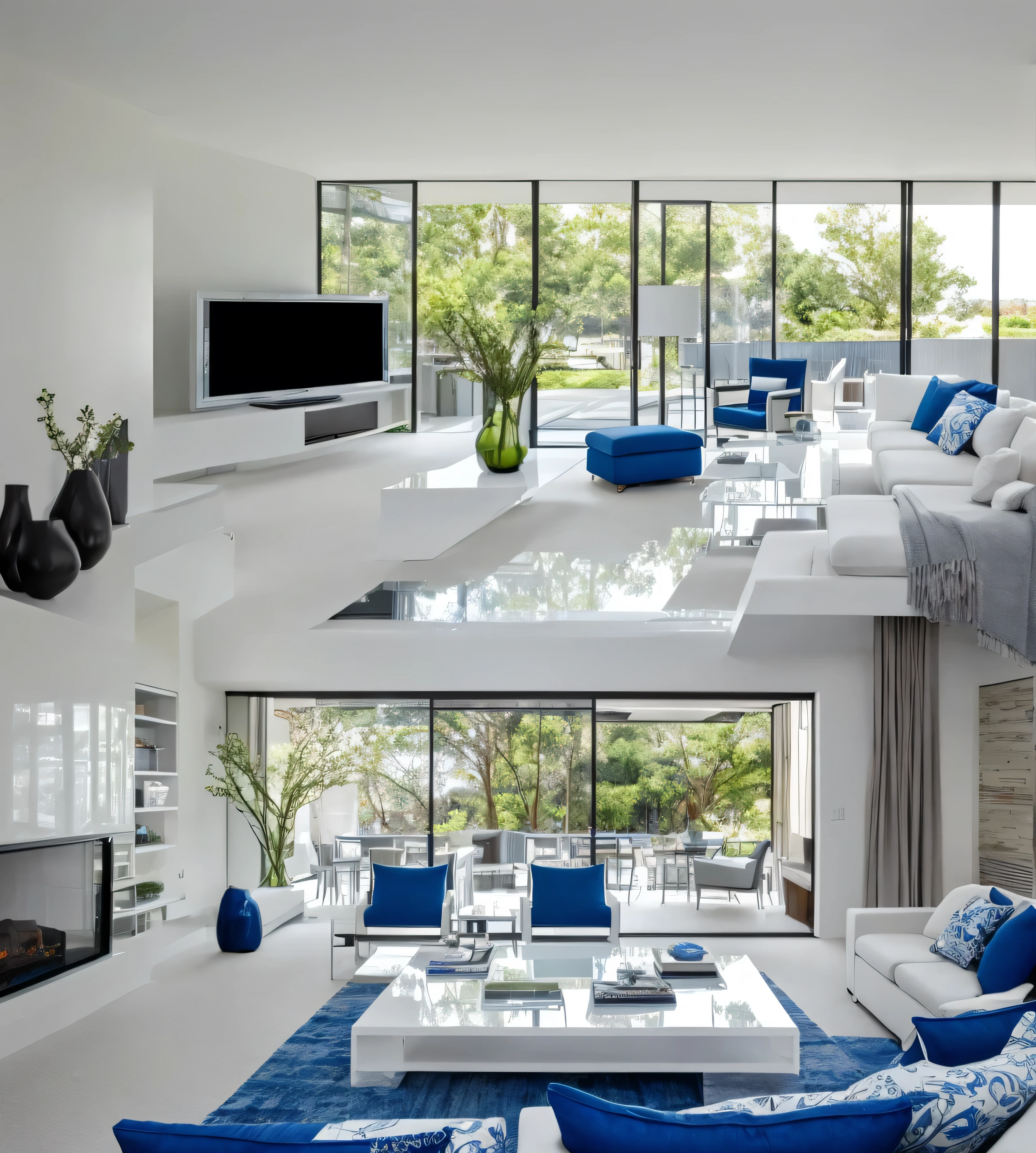 Modern living room featuring white sectional sofas adorned with blue and white accent pillows. A fluffy blue area rug covers the floor. There is a glass coffee table with decorative items placed on top. Large windows with sheer white curtains and blue drapes fill the room with natural light. A minimalist, recessed ceiling light fixture and a wall-mounted flat-screen TV above a modern fireplace with a visible flame complete the contemporary look. A vase with white flowers stands on a side table.