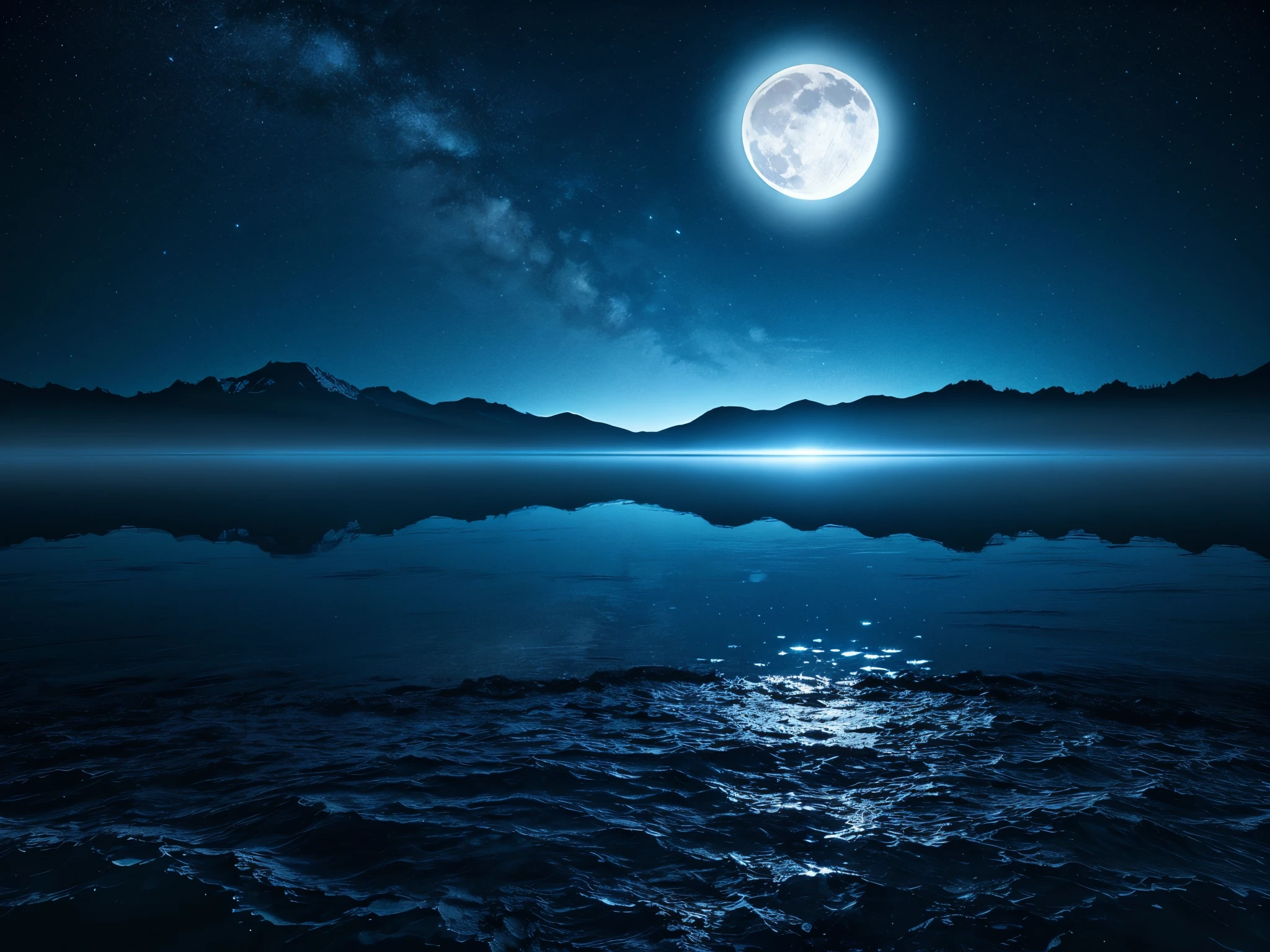 Full moon and starry sky reflected in lake, calm night. digital illustration, highly detailed background, epic background, Big moon on the water, infinite universe in the background, beautiful moonlight night, nighttime nature landscape, Night landscape background, night sky reflected in the water, awesome wallpaper, Moon reflection, Moon reflected on the surface of the water, beautiful digital artwork
