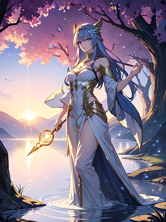 A stunning artwork of a majestic female character standing in an enchanting, mystical landscape. The full-body view showcases her in stylish and unique clothes of gold and purple, exuding an aura of elegance and power. Her long, flowing golden hair frames a face of regal beauty, highlighted by light blue eyes that radiate wisdom and an otherworldly charm. She holds a magic staff, intricately designed and glowing with mystical energy, adding to her majestic presence.

The scenery around her is a fantastical forest bathed in twilight, with towering ancient trees and luminescent flora. A serene river flows nearby, reflecting the soft glow of a setting sun. Fireflies and ethereal lights float in the air, enhancing the magical atmosphere of this tranquil setting.
