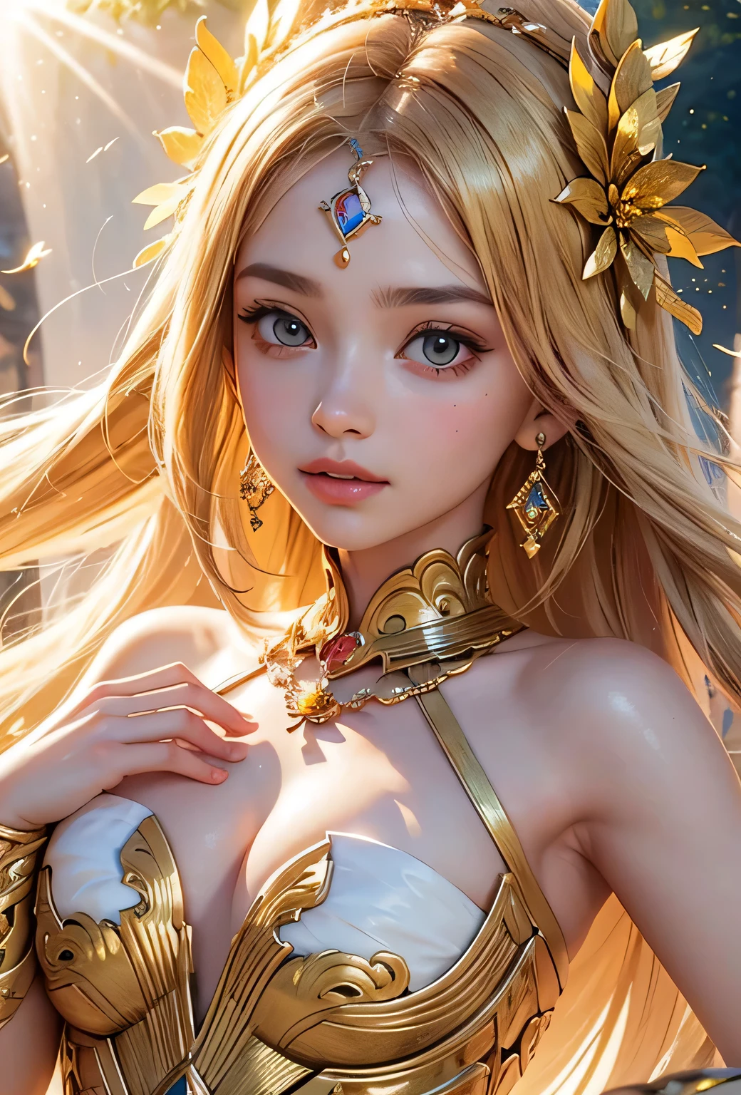 "Maiden of the Sun, Goddess of Love": Within a sacred sanctuary bathed in sunlight, depict the figure of a sun goddess who governs love, facing forward and emanating divine radiance. Zoom in to focus on her face, with a gleaming heart-shaped gem in her hands, representing the power of love. Her hair is shimmering gold. The background should be predominantly gold, evoking a sense of divine splendor, with numerous heart-themed objects expressing the beauty of love. The setting is in heaven, enveloped in soft, bright light, where one can find tranquility and peace of mind, free from any trace of anxiety. Additionally, the light emanating from her hands should take the form of radiant hearts, resting gently on the palm of her hands.