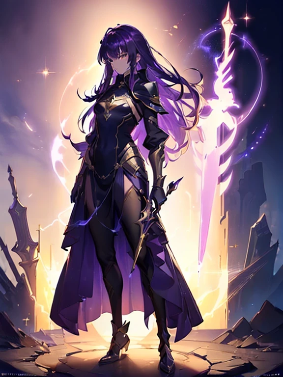 Design a layout showcase Gaming character, (1girl). 
Golden|Purple clothes, stylish and unique. 
((showcase weapon:1.4)), magic staff. 
(masterpiece:1.2), (best quality), 4k, ultra-detailed. 
(Step by step design, layout art:1.5), (luminous lighting, atmospheric lighting). 
magican, ((glove full hands)), (((revealing clothes:1.3))), vambraces, armored legwear, (((full_body_shot:1.4))). 
{In a mystical forest|On a magical battlefield}.
