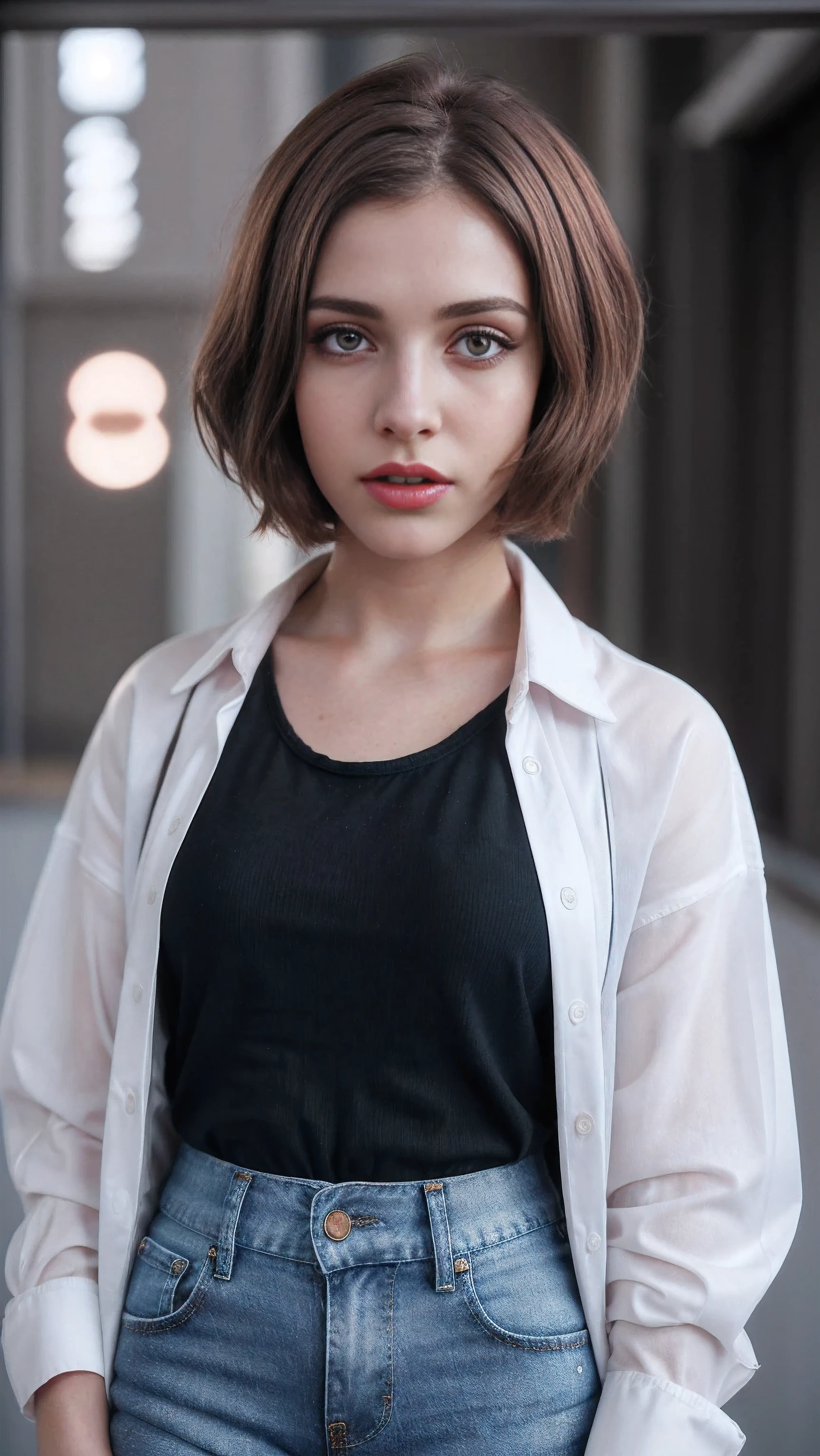 Boycut brown shining hair, (RAW photo), (realism: 1.8), (gloss red lipstick, many eyelashes, dark black eye shadow, shy, blushing, high quality, high resolution, depth of field, chromatic aberration, caustic, wide light, dark pink fair glossy skin, (21 year old woman), stylish college girl, white shirt-blue jeans, lots of exposure, pose, visible 8k resolutions, LazyMix+ (Real Amateur Nudes)
