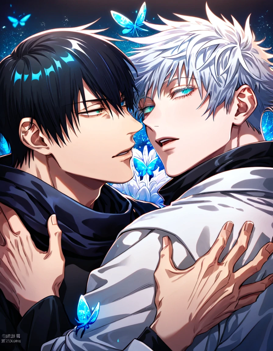 absurdres, highres, ultra detailed, HDR) master piece, best quality, Fushiguro Touji, black hair, expressive green eyes, Jujutsu Kaisen, Gojo Satoru, white hair, with bangs, expressive blue eyes, white eyelashes, two men together, gay couple, yaoi, handsome, black scarf, white haori, black tight shirt, magical fantasy, blue butterflies, glittering, sparkling, blue spider lilies, petals, radiant, blue gemstone background