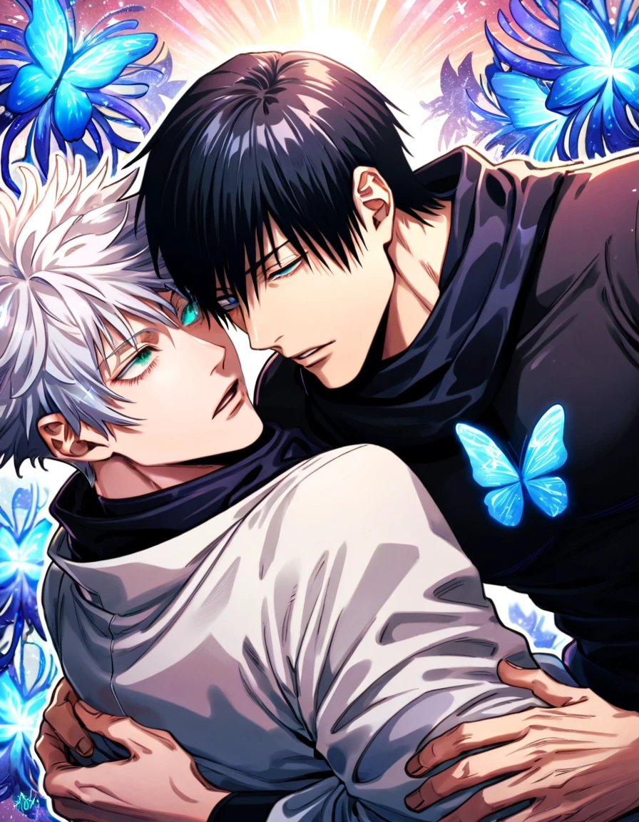 absurdres, highres, ultra detailed, HDR) master piece, best quality, Fushiguro Touji, black hair, expressive green eyes, Jujutsu Kaisen, Gojo Satoru, white hair, with bangs, expressive blue eyes, white eyelashes, two men together, gay couple, yaoi, handsome, black scarf, white haori, black tight shirt, magical fantasy, blue butterflies, glittering, sparkling, blue spider lilies, petals, radiant, blue gemstone background