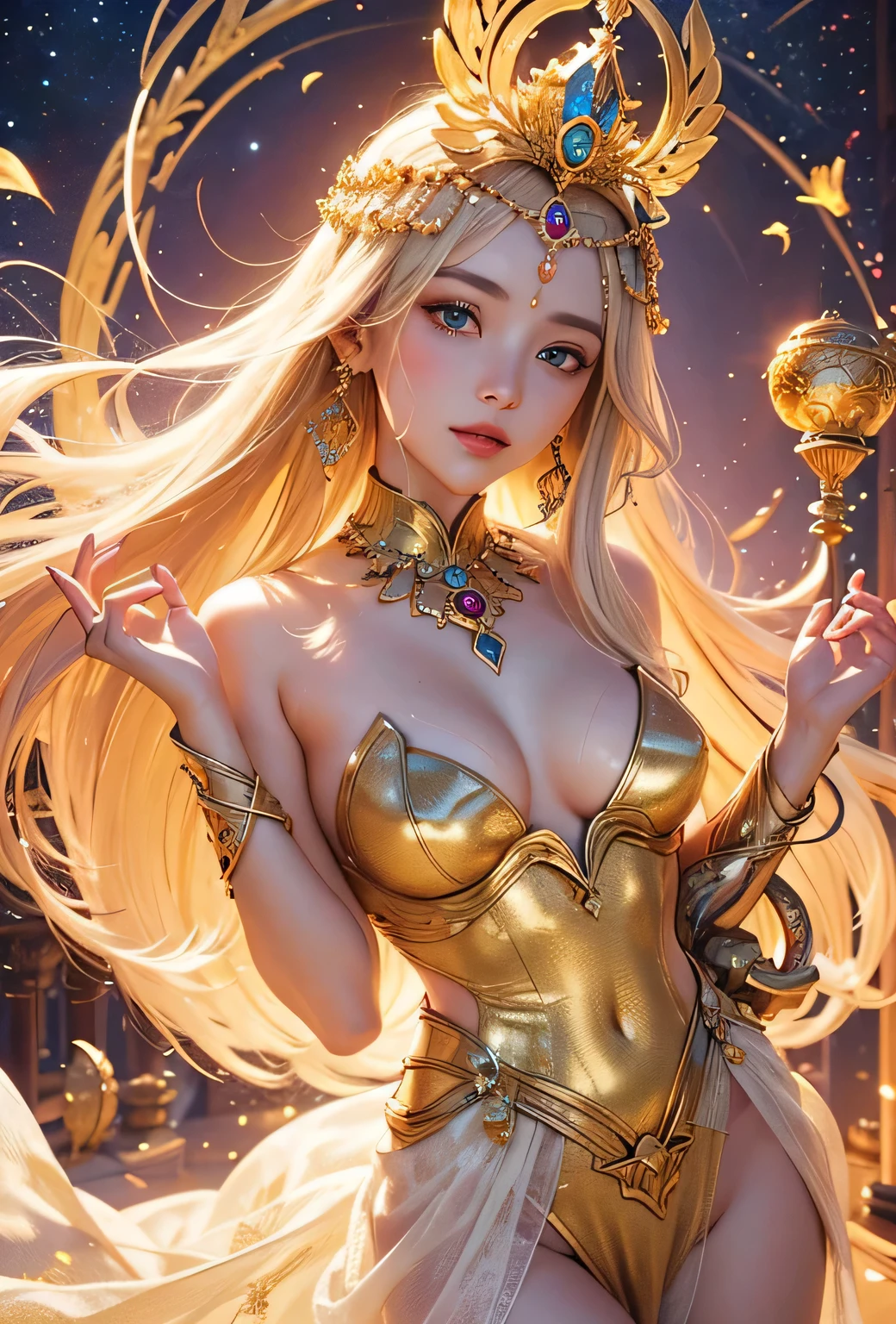 "Maiden of the Sun, Goddess of Love": Within a sacred sanctuary bathed in sunlight, depict the figure of a sun goddess who governs love, facing forward and emanating divine radiance. Zoom in to focus on her face, with a gleaming heart-shaped gem in her hands, representing the power of love. Her hair is shimmering gold. The background should be predominantly gold, evoking a sense of divine splendor, with numerous heart-themed objects expressing the beauty of love. The setting is in heaven, enveloped in soft, bright light, where one can find tranquility and peace of mind, free from any trace of anxiety. Additionally, the light emanating from her hands should take the form of radiant hearts, resting gently on the palm of her hands.