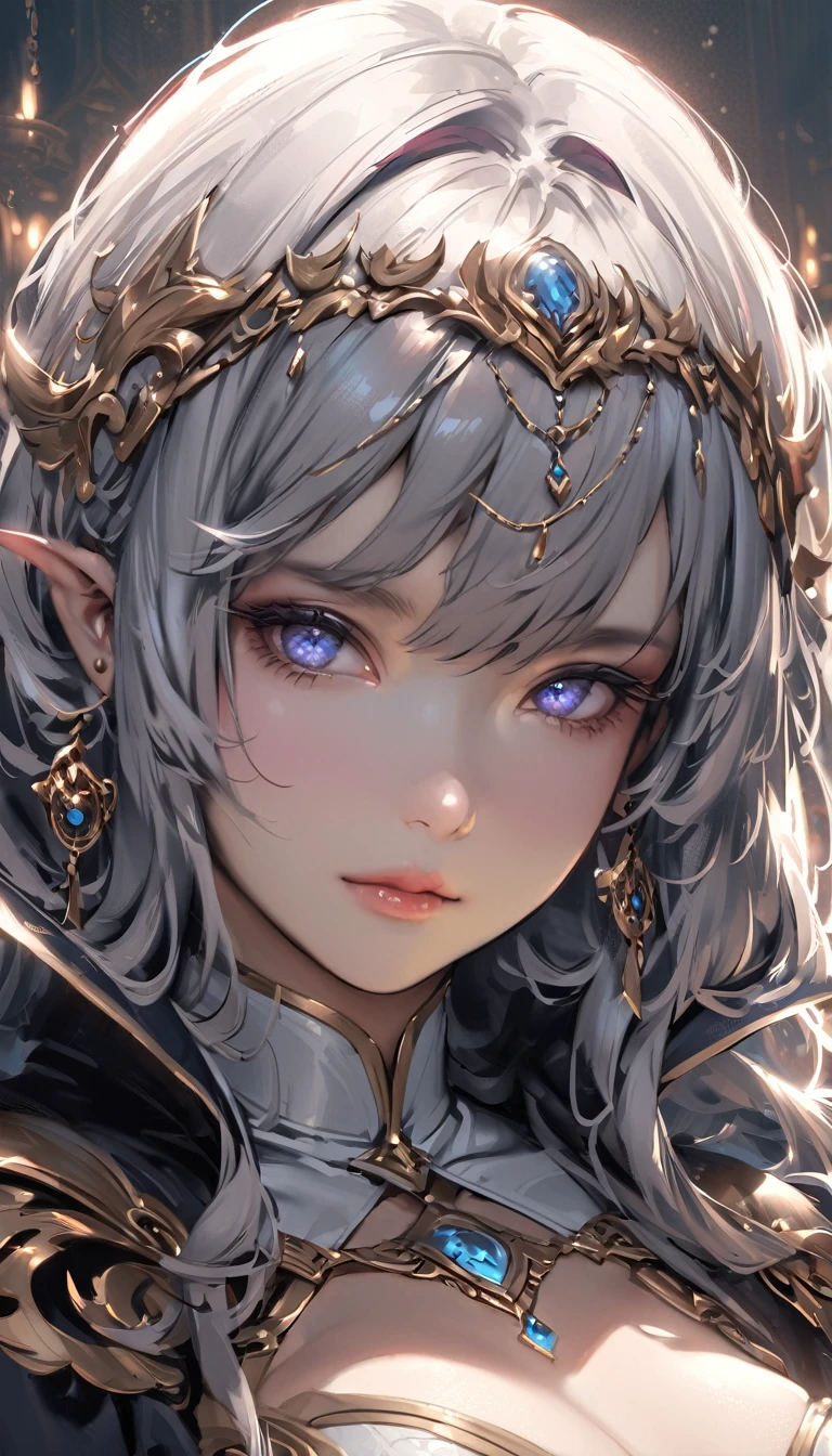 a colossal breasted woman with beautiful silver twin tails,extremely detailed face and eyes, beautiful detailed lips, longeyelashes, wearing a priest's outfit, (best quality,4k,8k,highres,masterpiece:1.2),ultra-detailed,(realistic,photorealistic,photo-realistic:1.37),intricate details,highly detailed,cinematic lighting,dramatic atmosphere,dark fantasy,dark tones,dramatic lighting