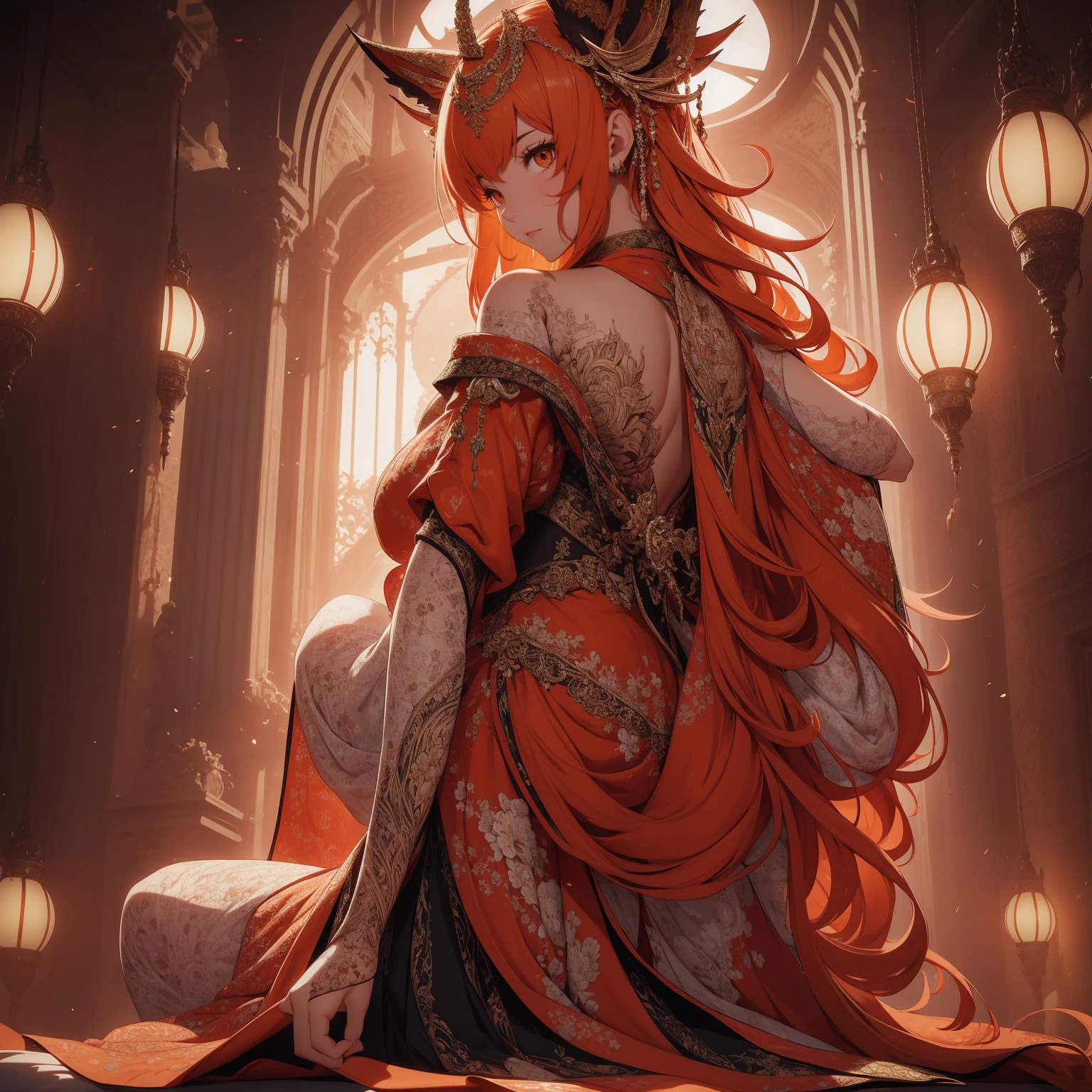 REALISTIC VISION 1.4, BETTER VAE,sharp focus, ultra detail, 32k,realistic photo, intricate details, kitsune, orange hair, oranfe eyes, intricate details ,woman, nine tails,intricate details,intricate details,big , Voluptuous body, intricate details, Miko,clothes long white dress with red details intricate details,tattoos intricate details,full body, sitting on the ground, backwards, looking back