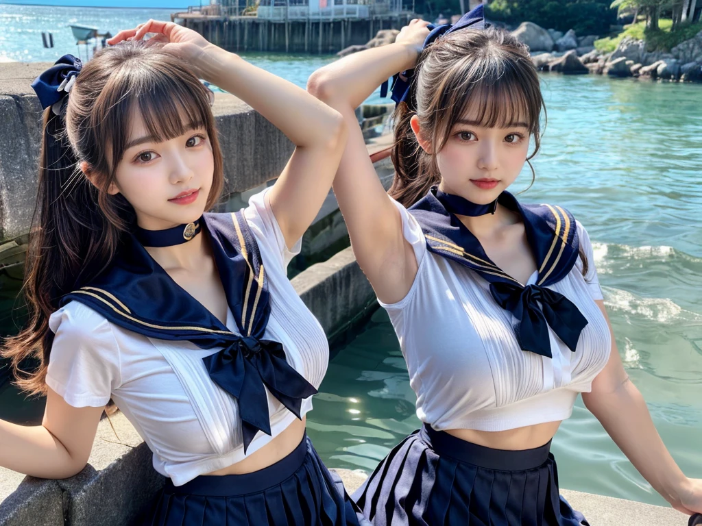 (((very heavy chest))),NSFW, 16k raw photos, highest quality, masterpiece, ultra high resolution, ((She is wearing Beautiful exposed redShe is wearing (a high school sailor uniform).
(navy sailor collar:1.4),(white shirt:1.4),(navy pleats skirt:1.4),(navy bow:1.4))).movie, ((2 girls, , 2 schoolgirls)),((attractive expression)),eyes shine、 looking at the viewer, natural skin texture very heavy chest))),((( metal black ribbon around the neck))).star handle mold、((yellow eyes)),Realistic eye and face details, lip whole, lipstick makeup), fluffy ponytail hair, laughter, Beautiful feet, tall woman, ((glowing skin)),((Beautiful armpit)), slim_feet, huge breasts, cleavage, beautiful natural places, beautiful flower garden、(detailed background,highly exposed, huge breasts, blurred background,, JK ribbon on the neck, jk ribbon, golden hair, bracelet, water, bangs, split your lips、armpit、beautiful hip line、glowing skin、(((eyes shine brightly))),lotion skin、High leg、((black hair)),highly exposed、Skimpy pink luxury fur coat、beautiful sea background、wind effect、