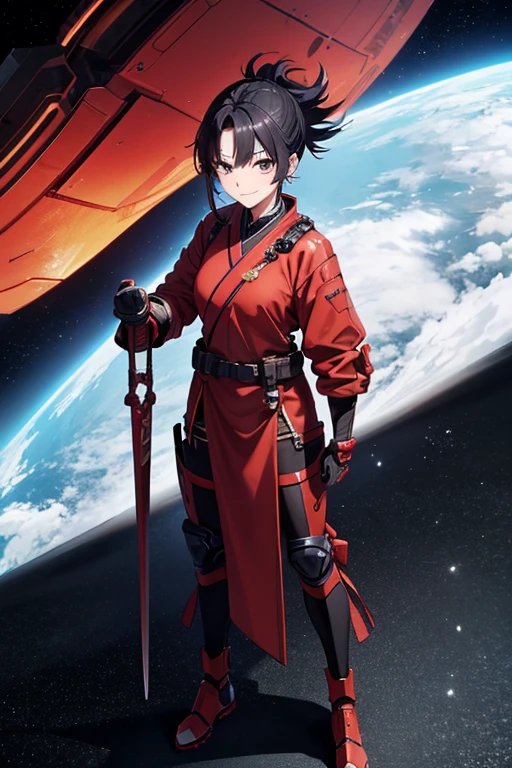Anime drawings、Full body portrait、Red soldier of space science fiction、A female samurai wearing red armor, standing upright, about 160cm tall, about 26 years old、Smiling、Short medium length hair tied up、Black Hair、Wearing goggles on his forehead、boots、gloves