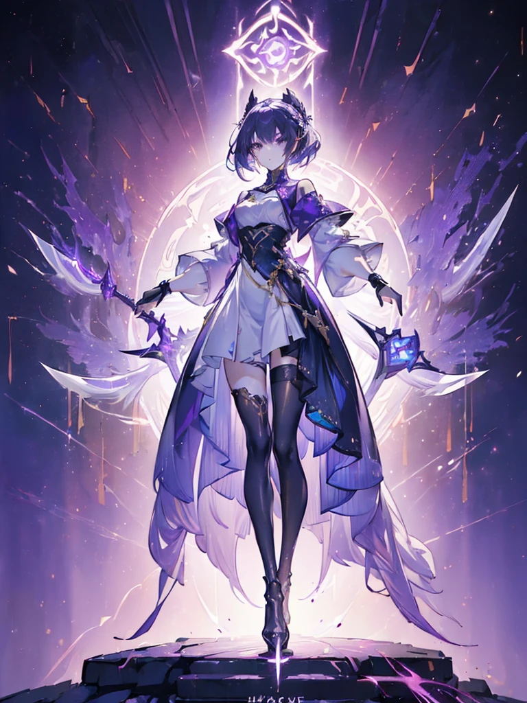 Design a layout showcase Gaming character, (1girl). Golden|Purple clothes, stylish and unique. ((showcase weapon:1.4)), magic staff. (masterpiece:1.2), (best quality), 4k, ultra-detailed. (Step by step design, layout art:1.5), (luminous lighting, atmospheric lighting). magican, ((glove full hands)), (((revealing clothes:1.3))), vambraces, armored legwear, (((full_body_shot:1.4))). {In a mystical forest|On a magical battlefield}.
