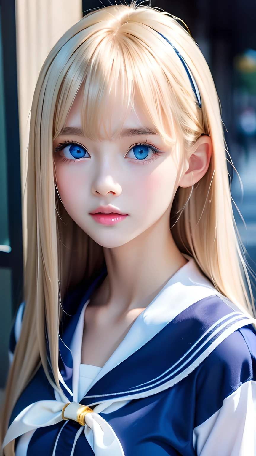 Portrait、(School uniform)、Sailor suit、Bright expression、bangs over eyes、Hair on the face、Younger, brighter, whiter skin、Best Looks、Blonde reflection、Natural platinum blonde hair with dazzling highlights、Super long straight silky hair、Shiny bright hair,、Super long, silky straight hair、Shiny beautiful bangs、Sparkling, clear, attractive, big bright blue eyes、A very beautiful, lovely and cute 16 year old girl.、Big and ample breasts、With slits、((The whole body is visible))、Cheek gloss highlighter、Small Face Girl、Round face