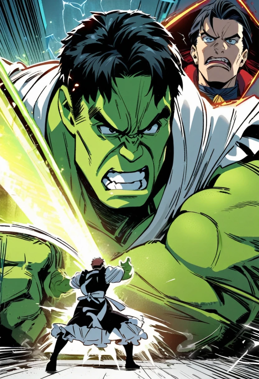 The Incredible Hulk wearing a maid outfit and looking confused, Doctor Strange is laughing, separated from the Hulk by a magic barrier