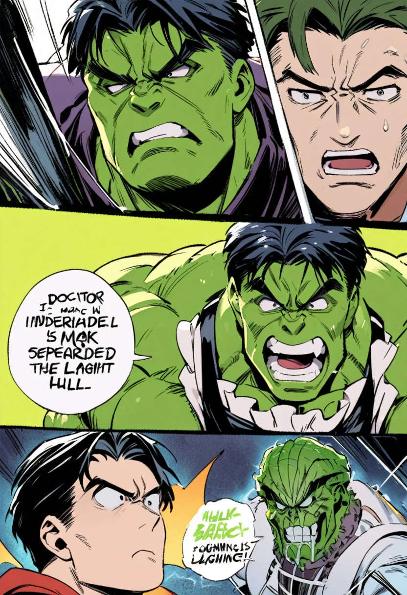 The Incredible Hulk wearing a maid outfit and looking confused, Doctor Strange is laughing, separated from the Hulk by a magic barrier