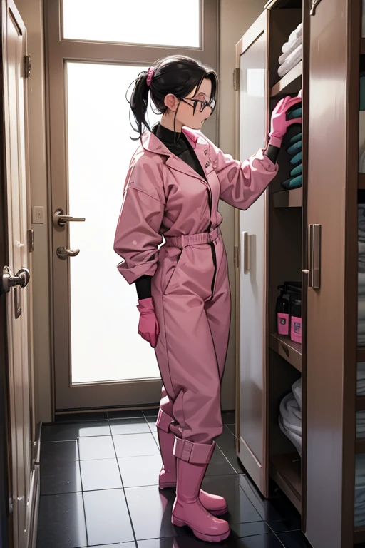 A mature woman with glasses and black hair tied up in a grey long-sleeved jumpsuit and white rubber boots is trying to put on a pair of oversized pink rubber gloves in front of the cleaning supplies cupboard in the bathroom