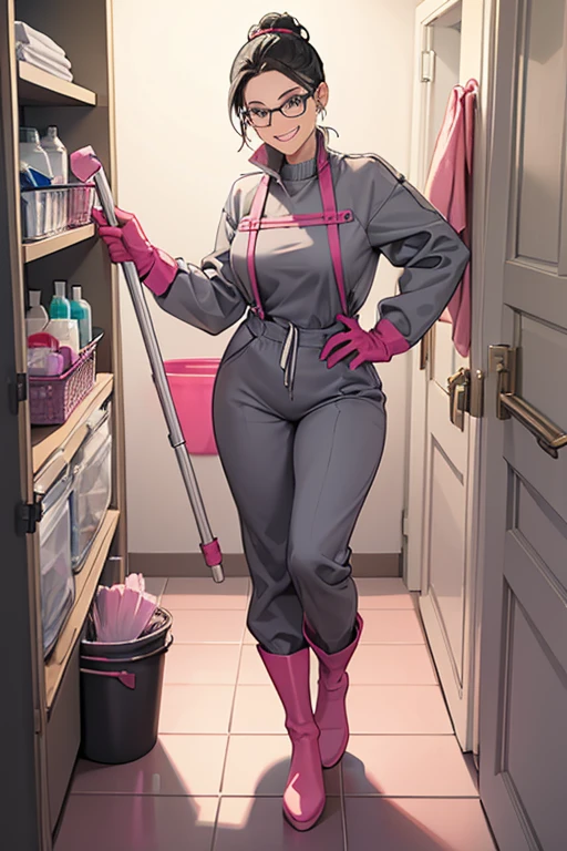 A mature woman with glasses and black hair tied up in a long-sleeved grey jumpsuit and white rubber boots is grinning as she tries on a pair of oversized pink rubber gloves in front of the cleaning supplies cupboard in the bathroom