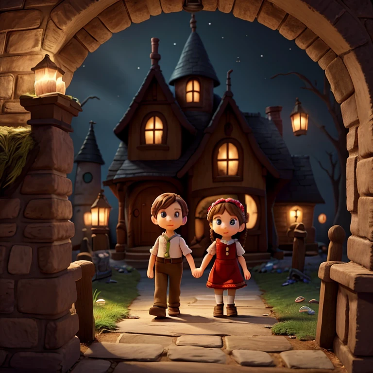 The artistic interpretation of the famous fairy tale "Hansel and Gretel" is presented in a unique cartoon and cute version. Brother and sister were seen
Walk towards a sinister gingerbread house with intricate Q-print symbols designed throughout the image. The house is decorated with sweets and sweets, and an ominous witch lurks in the shadows, watching their every move. The overall atmosphere is a mixture of whimsy and darkness, with a hint of mystery.