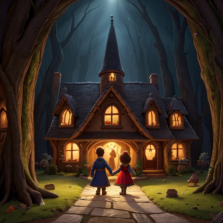 The artistic interpretation of the famous fairy tale "Hansel and Gretel" is presented in a unique cartoon and cute version. Brother and sister were seen
Walk towards a sinister gingerbread house with intricate Q-print symbols designed throughout the image. The house is decorated with sweets and sweets, and an ominous witch lurks in the shadows, watching their every move. The overall atmosphere is a mixture of whimsy and darkness, with a hint of mystery.