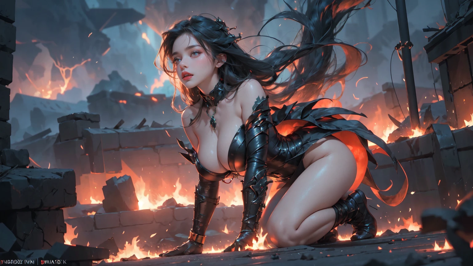 (best quality,4k,8K,High resolution,masterpiece:1.2),Extremely detailed,(Practical,photoPractical,photo-Practical:1.37),Giantess in chains,And wrapped in burning chains,view from below,illustration,metallic feel,Demonic breath,huge numbers,Possessing great power,Melt Chain,Scorching heat,Light shining through the cracks,resolute determination,Dangerous Shadows,Exquisite details,The heat wave rolls,smoke rises,fiery light,Fireworks-like sparks,Drama,Dark Fantasy,Emerald Flame,Fierce expression,Glowing eyes,Burning Tattoo,Blazing destruction,Doomsday scenario,Ruins in ruins,Distant flames,Lava,The huge footsteps shook the earth,Awesome existence,unstoppable power,Battlefield destruction,The scale is expanding,heavily clouded,Red Danger,unyielding,Magic Chain,Painful expression,Majestic,Stunning beauty,Demonize,Extraordinary power,Untamed Chaos,resolute determination,Firestorm