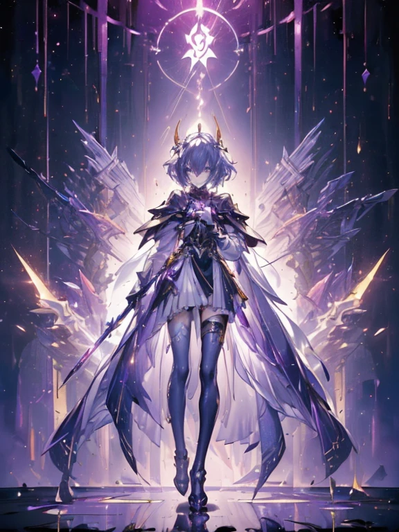 Design a layout showcase Gaming character, (1girl). Golden+Purple clothes, stylish and unique. ((showcase weapon:1.4)), magic staff. (masterpiece:1.2), (best quality), 4k, ultra-detailed. (Step by step design, layout art:1.5), (luminous lighting, atmospheric lighting). magican, ((glove full hands)), (((revealing clothes:1.3))), vambraces, armored legwear, (((full_body_shot:1.4))). {In a mystical forest|On a magical battlefield}.
