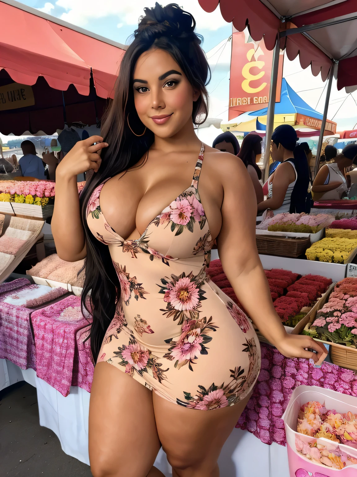 thick fit tanned busty curvy brunette, thick muscular shapely legs, flower pattern dress, hair tied up, at the fair