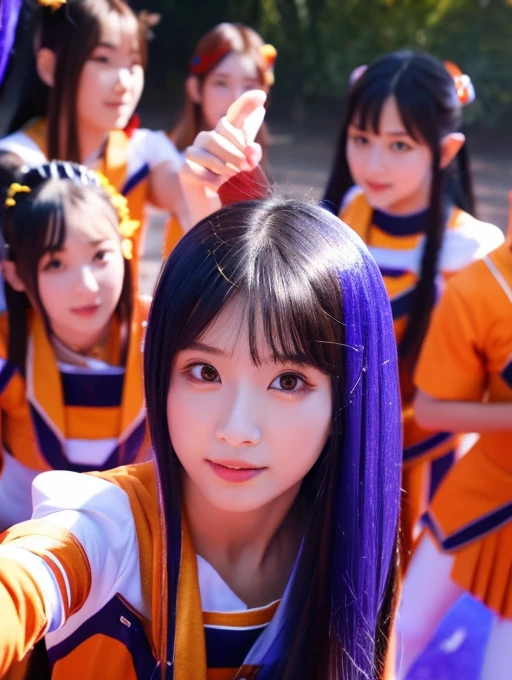 「Sunlight Orange」「Mint Crystal」「Obsidian Elf」「Purple moonlight」「Crimson Phantom」「Magic blue bear」（（Number of people: 7 people））

straight hair、pupils sparkling（Skin brightening）
high quality、8K ，最high quality，Sexy pose，（（Cheerleading girls，Number of people: 7 people）），movement dance
