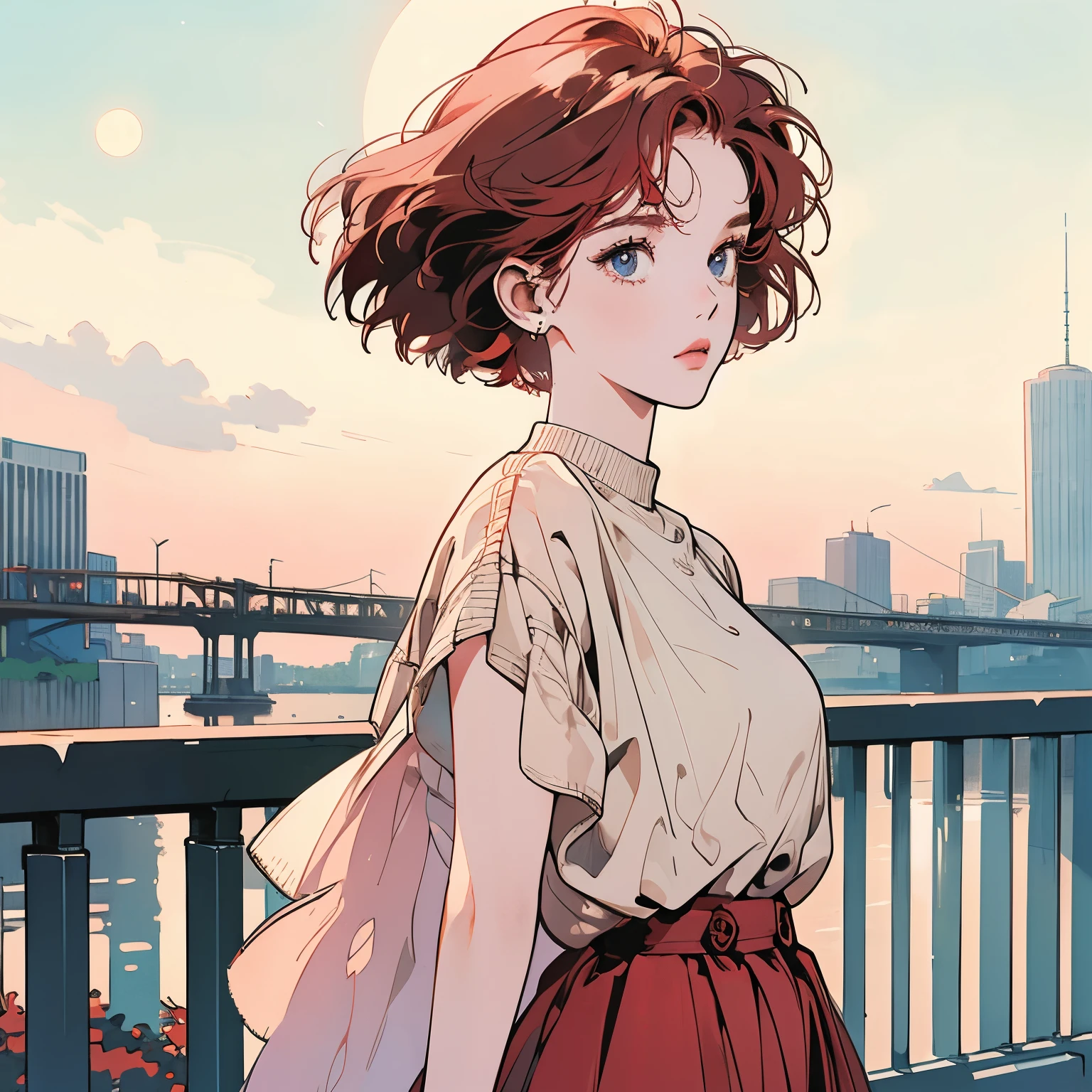 Upper Body、One beautiful woman、Short sleeve sweater、Pedestrian bridge、skyscraper、Night view、(moon)、Complex background、Detailed Hair、pale red hair、Pale Light、The wind is blowing、(Provocative look)、Short hair