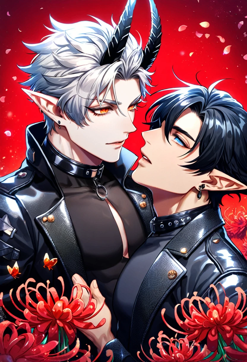 absurdres, highres, ultra detailed, HDR) master piece, best quality, Flamebringer, black hair, expressive orange eyes, Arknights, Doctor, white hair, expressive blue eyes, white eyelashes, two men together, yaoi, gay couple, handsome, toned chest, slightly pointy ears, black horns, black tight shirt, cropped leather jacket, black collar, black earrings, black coat, magical fantasy, red butterflies, glittering, sparkling, red spider lilies, petals, radiant, red background