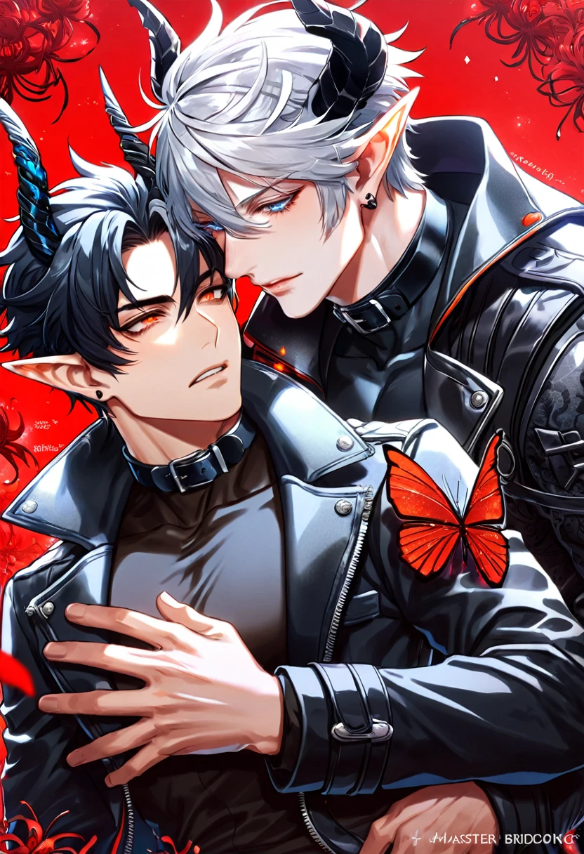 2 young men, โฟกัสman , Yaoi, pair, (Dragonborn, (dragon), anthropology, man, ((red body)), muscle, handsome), ( human,short hair ,silver blonde hair, Silver eyes), Fantasy ,The best aesthetics , best quality, Amazing quality, The best aesthetics, Not wearing a shirt, naked, อวัยวะเพศman, have sex, sex, naked, 25+