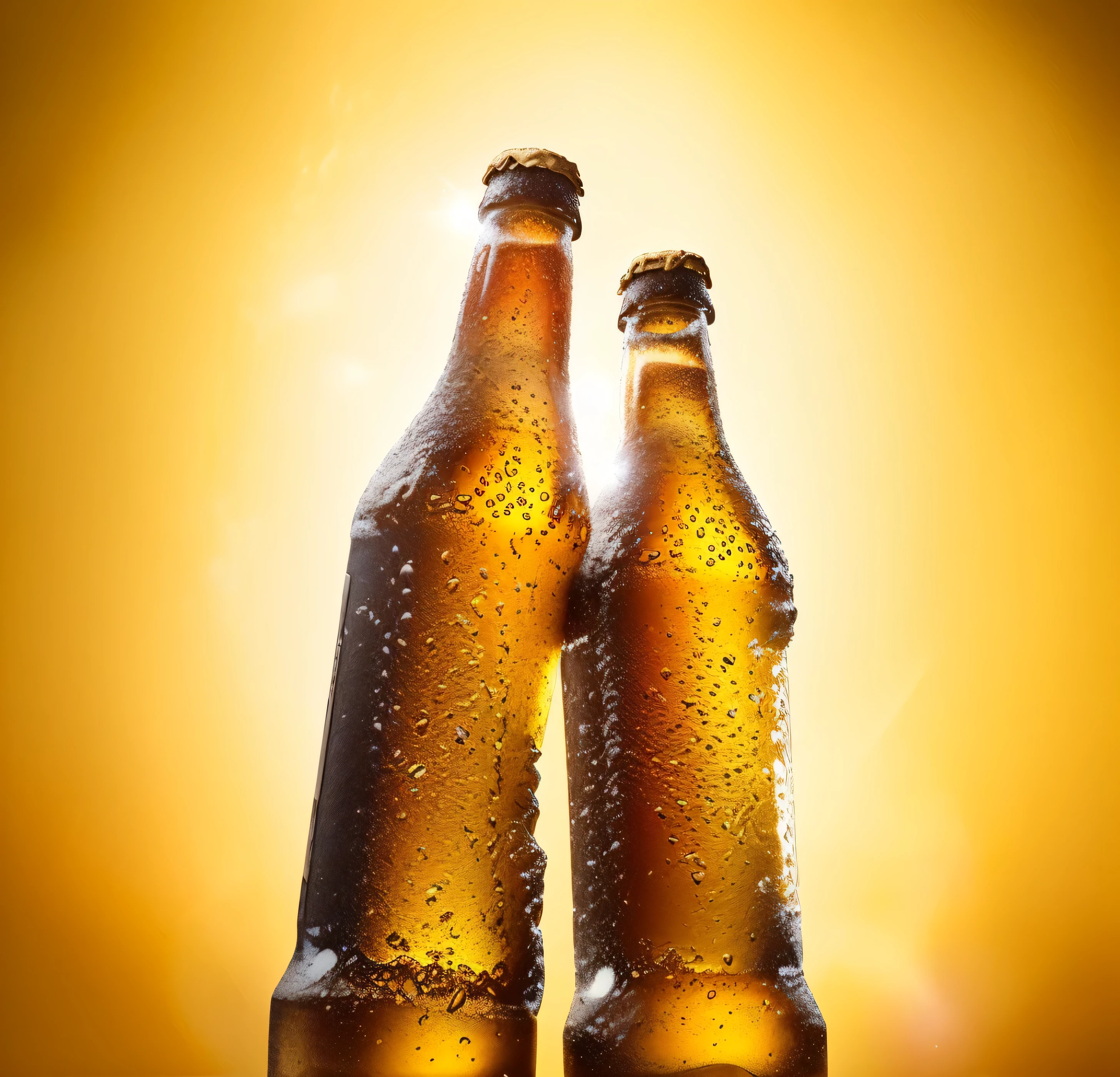 two bottles of Cerveza are sitting on a table with a yellow background, cold Cerveza, Cerveza bottles, holding Cerveza bottles, Cerveza bottle, Cerveza, brillando a la luz del sol, cinematic Cerveza, bathed in golden light, Cerveza advertisement, surface with Cerveza-texture, hora dorada&quot;, holding a bottle of Cerveza, luz del sol dorada, brillante hora dorada, warm golden backlight