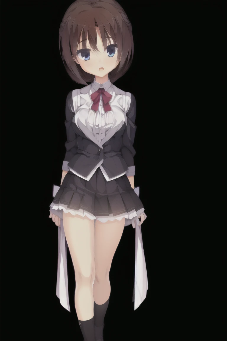 1girl,solo,Very cute woman ,10, ,Flat Chest,Black Hair,青いeye,underwear,White panties, Pleated skirt, shoes, Dark blue socks, summer, break (masterpiece, highest quality,超detailed:1.1),alone,One girl,Character portrait,whole body,expensive_solve, clear_image, expensive_Contrast, 8k, Sparkling, beautiful_detailed_face_and_eye, (Brown Hair:1.25), 白 eye,Black background