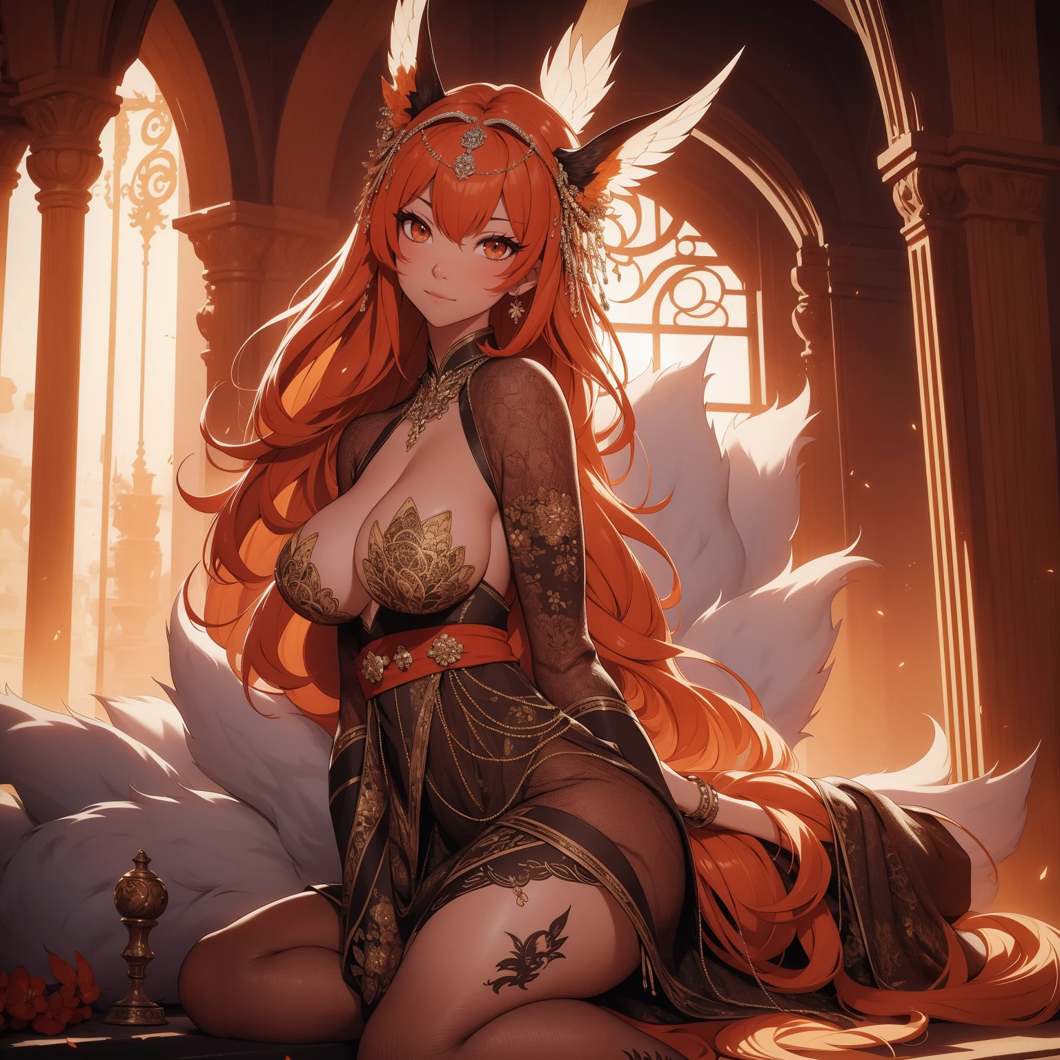 REALISTIC VISION 1.4, BETTER VAE,sharp focus, ultra detail, 32k,realistic photo, intricate details, kitsune, orange hair, oranfe eyes, intricate details ,woman, nine tails,intricate details,intricate details,big , Voluptuous body, intricate details, Miko,clothes long white dress with red details intricate details,tattoos intricate details,full body, sitting on the ground, backwards, looking back