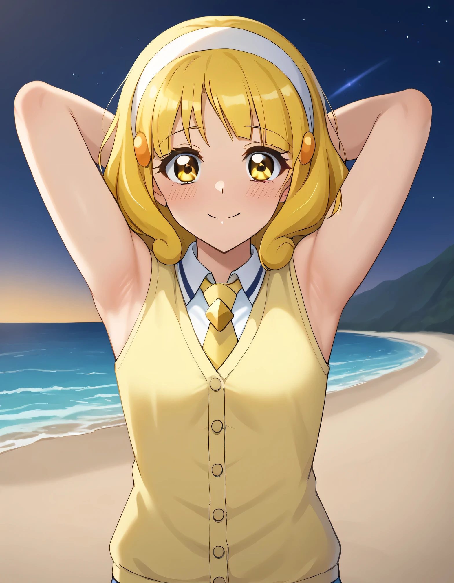 score_9, source_anime, rating_safe BREAK 1girl, solo
kise yayoi, yellow hair, yellow eyes, white hairband, hair ornament, medium hair, nanairogaoka middle , yellow necktie, yellow cardigan, (cowboy shot:1.5), solo, night sky, beach, arm behind head, contrapposto, spread armpits, looking at viewer, best quality, closed mouth, shy, presenting armpit, hand on own armpit, blushing, smile, sleeveless,