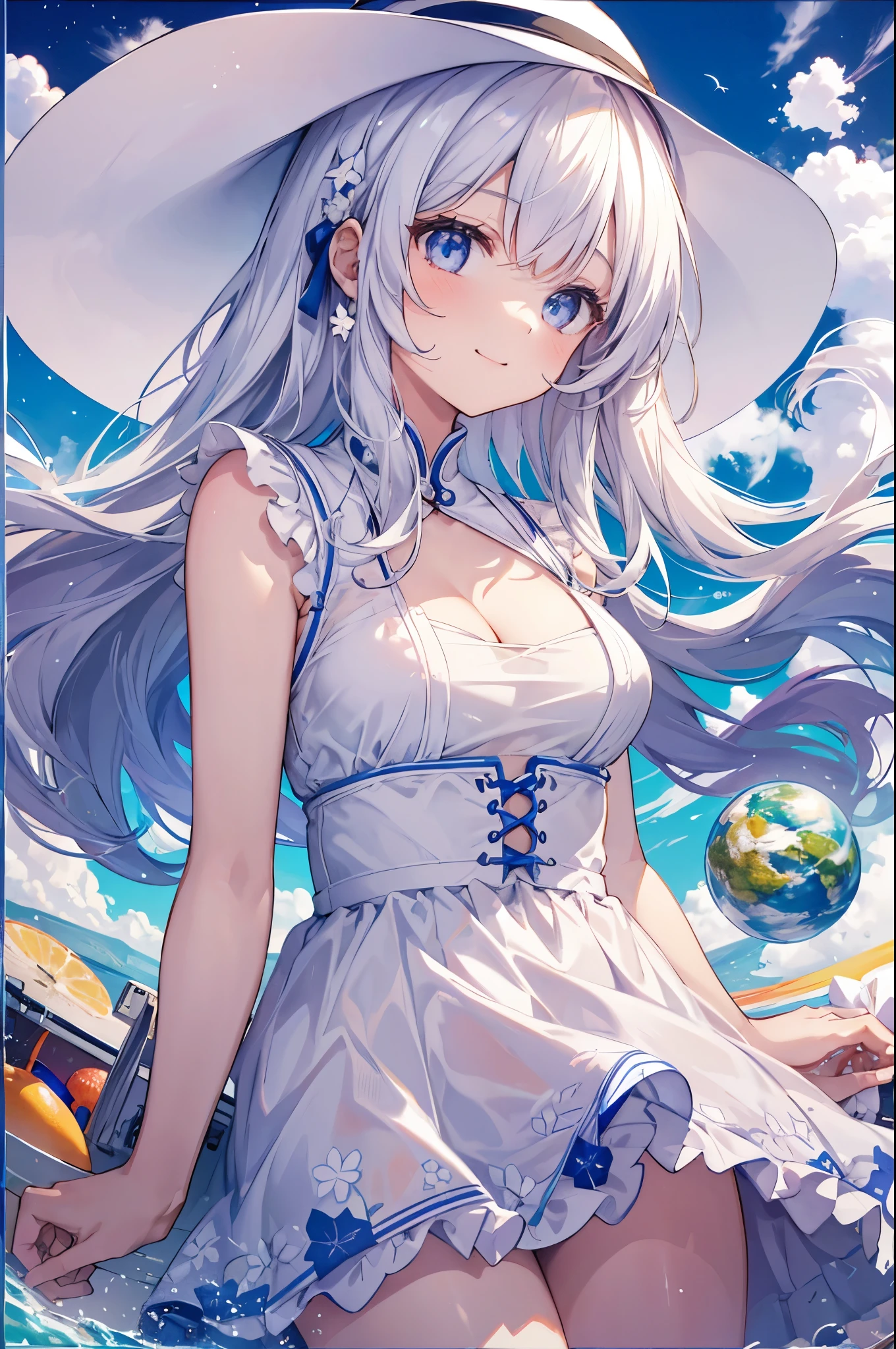 Two Girls, Girl eating alien-like fruit, White Futuristic Sundress, Futuristic sun hat, Outdoor, Another Dimensional Summer, Multiple beautiful planets floating in the sky, A girl living in another world, , Smile of joy, , Cleavage, Floating Advanced Technology, Futuristic smartphone