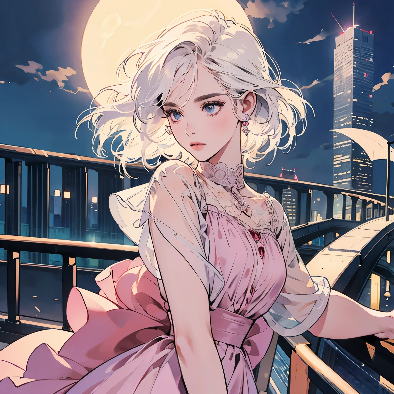 whole body、Kind Face、1 pretty woman、blouse、Pedestrian bridge、skyscraper、night、moonlight、Complex background、Detailed Hair、pale white hair、Faint lighting、Short hair、The wind is blowing
