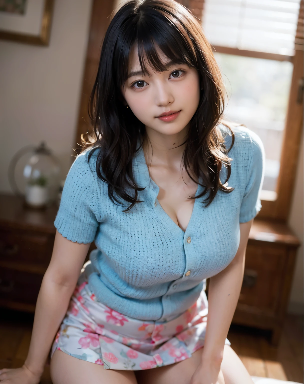 (8k, RAW Photos, highest quality, masterpiece:1.2), Super Resolution, (Realistic, Realistic Photo:1.37), whole body, 頭からつま先までwhole body, High-resolution RAW color photos, Professional photos, Very detailed, 8k wallpaper, Very detailed美少女, Very detailed顔, Very detailed目, Very detailed肌, Very detailed指, Very detailed鼻, Very detailed詳細な口 , Very detailedな脚, Perfect Anatomy, Very detailed背景, Very detailed衣服, 1 girl, (18:1.2), Age 25, Fair skin, Oily and shiny skin , Curly Hair, (bangs:1.2), smile, Cute Face, Realistic face, Super tight aloha shirt, No bra, Micro Mini Skirt, Bend over with your butt facing the camera, Dynamic Lighting, Very large breasts, stockings, High heels